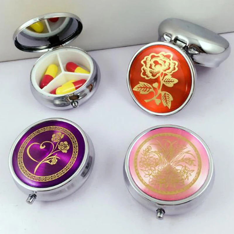 Tablet Pill Boxes Container Metal Round Medicine Case 3 Cell Metal Round Flower Print Tablet Pill Boxes Holder Small Case