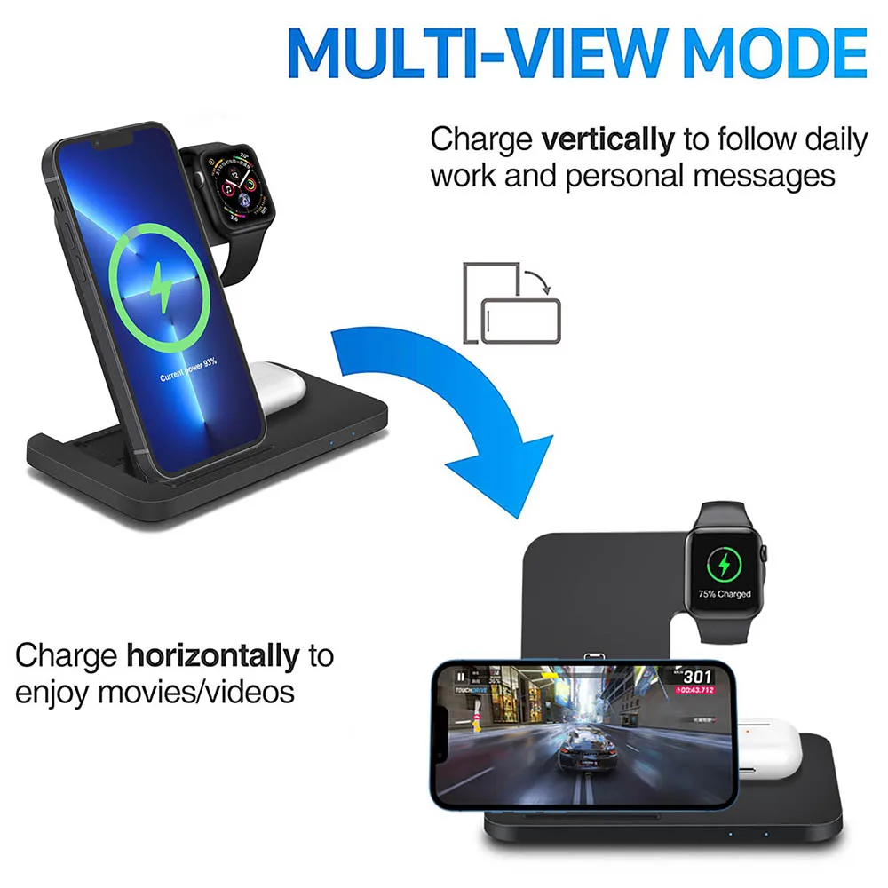 15W 3 in 1 Wireless Charger Stand for iPhone 15 14 13 12 11 XS XR Fast Charging Dock Station For Apple Watch 9 8 SE AirPods Pro