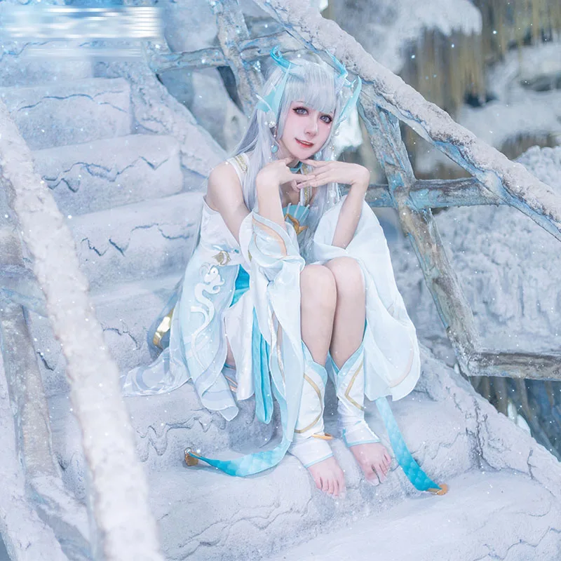 2021 Costume Xishi Cos Game King of Glory New Skin Ice Blue Dragon Girl Floating Sleeve Fairy Cosplay Dress Suit E