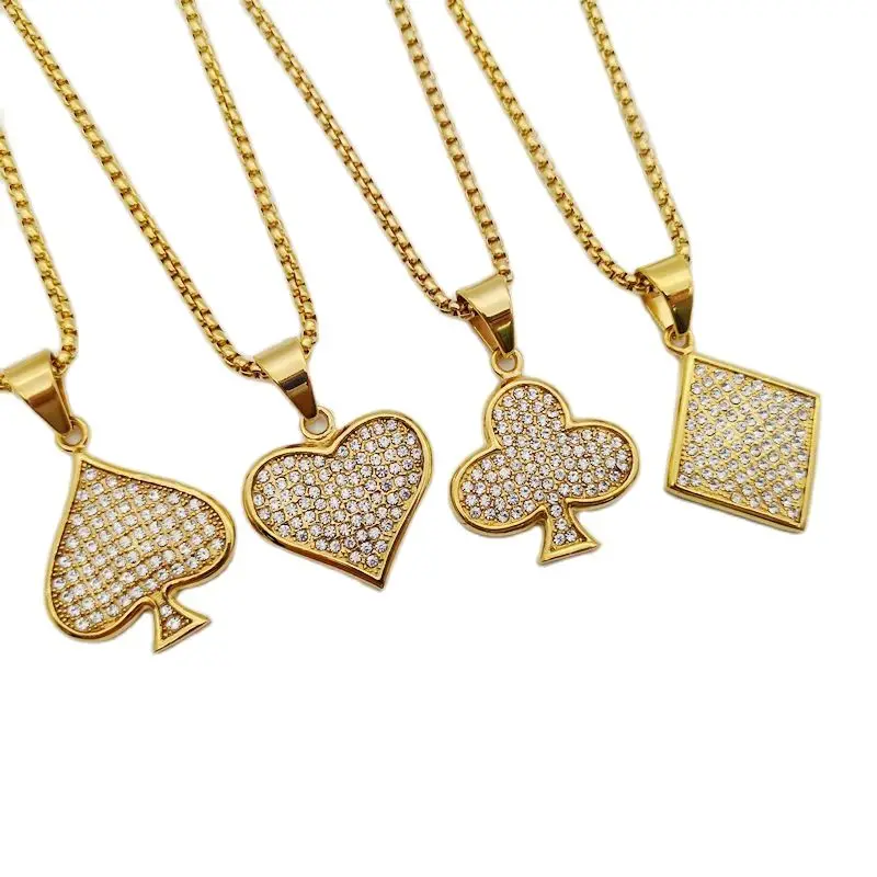 2024 new Full rhinestones poker pendant necklace Gold color stainless steel Poker spade heart club necklace fashion men BLKN0803