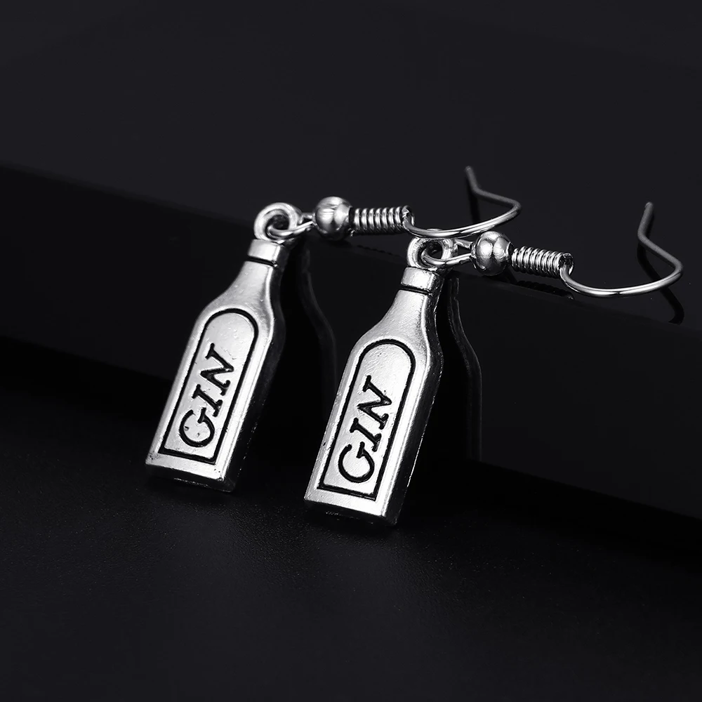 Trendy Vintage Wine Bottle Antique Silver Plated Punk Hiphop Rock Style Retro Drop Earrings for Women Girl & Man Party Jewelry