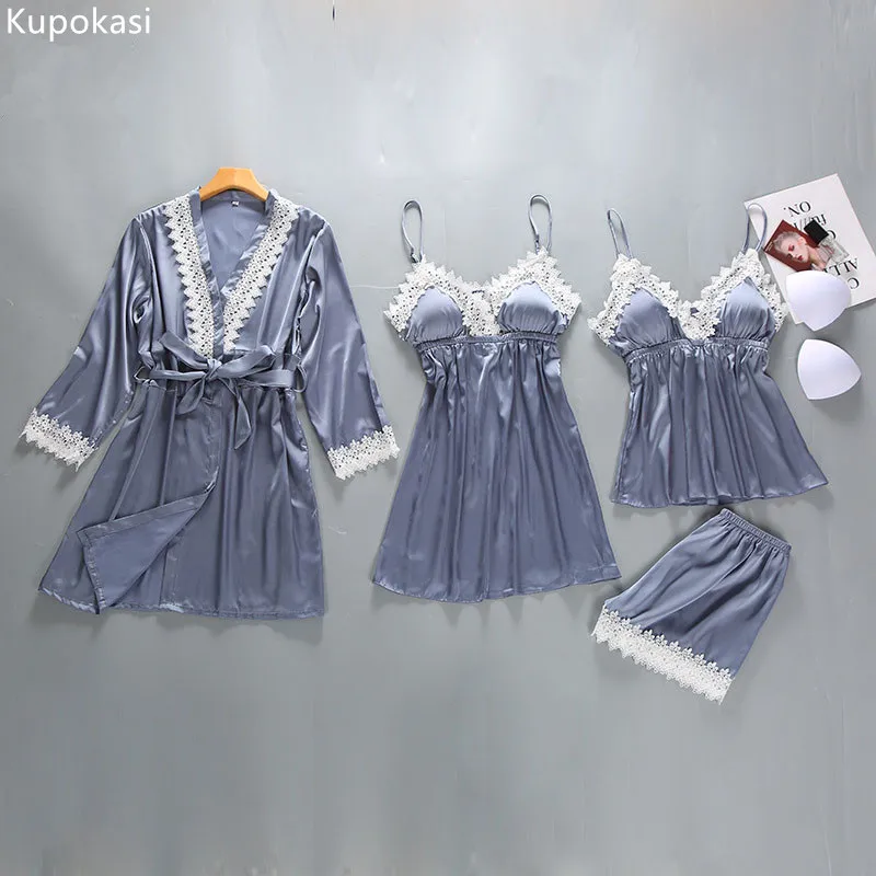 

Kupokasi 4Pcs Pajamas Set Satin Sleepwear Female With Chest Pads Long Sleeve Spring Autumn Home Clothing Nightwear Robe Pyjamas