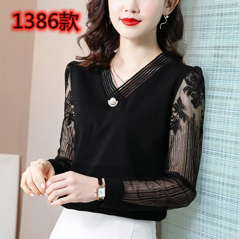 Chiffon Bottoming Shirt Women\'s Autumn New Fashion Beaded T-shirt Long Sleeve V Neck Mesh Lace Loose Blouse Blusas Mujer De Moda