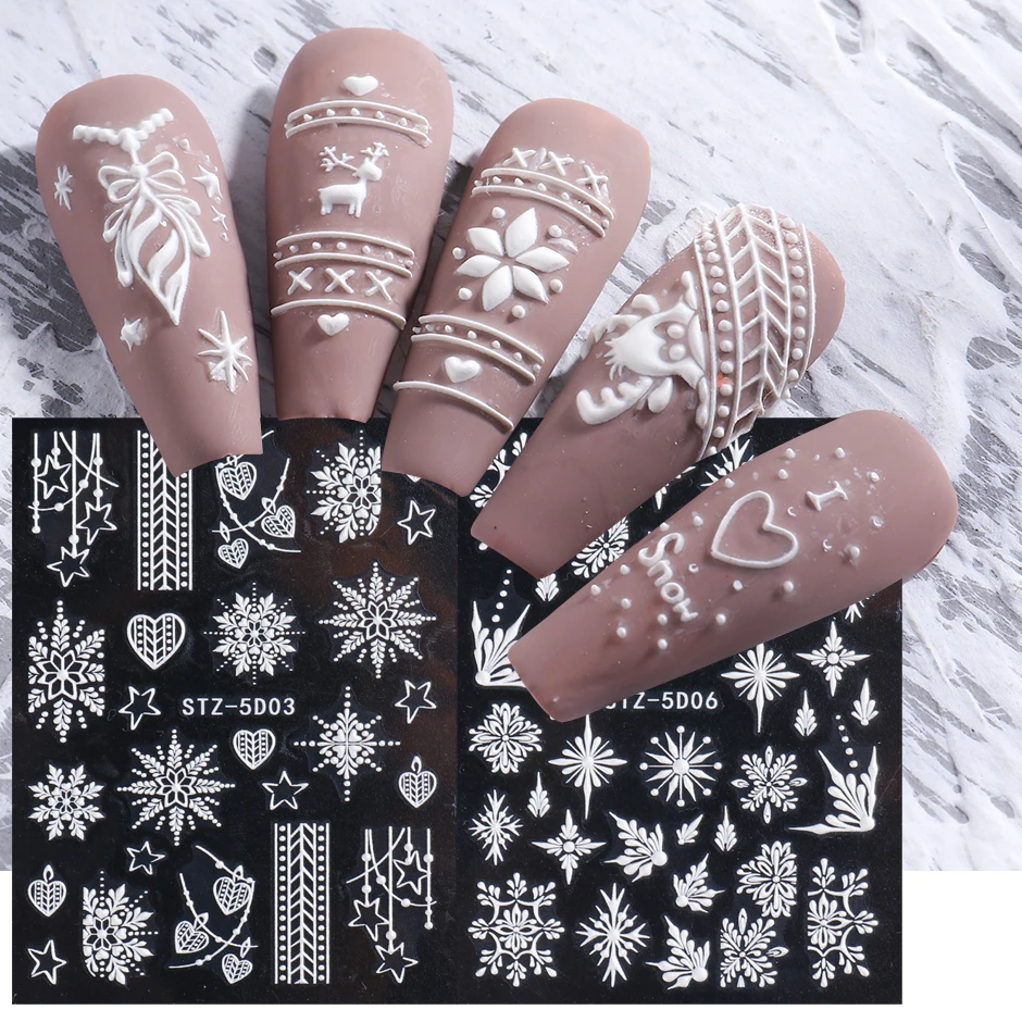 Pegatina de decoración de uñas de Navidad de invierno 5D, encantos en relieve, copos de nieve, diseño de uñas francesas, esmalte de Gel, calcomanías de manicura GLSTZ5D