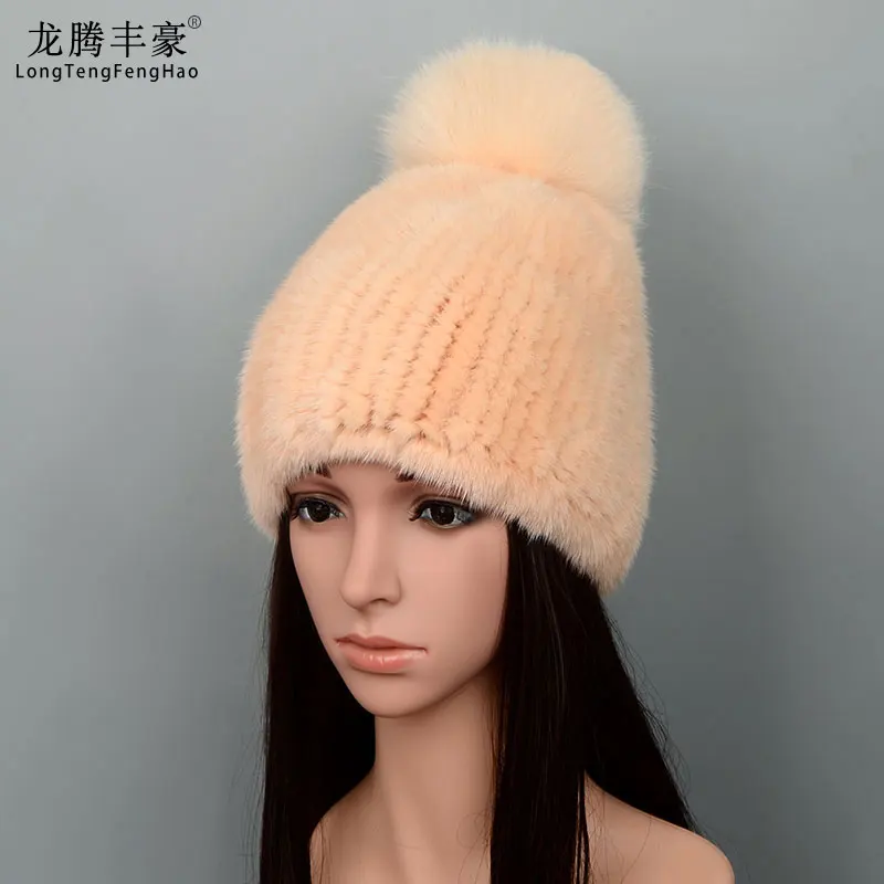 Mink Fur Knit Hat With Fox Fur Ball Winter Warm Women\'S Beanie Hat 100% Natural Authentic Fur Hat Russian Women\'S Hat