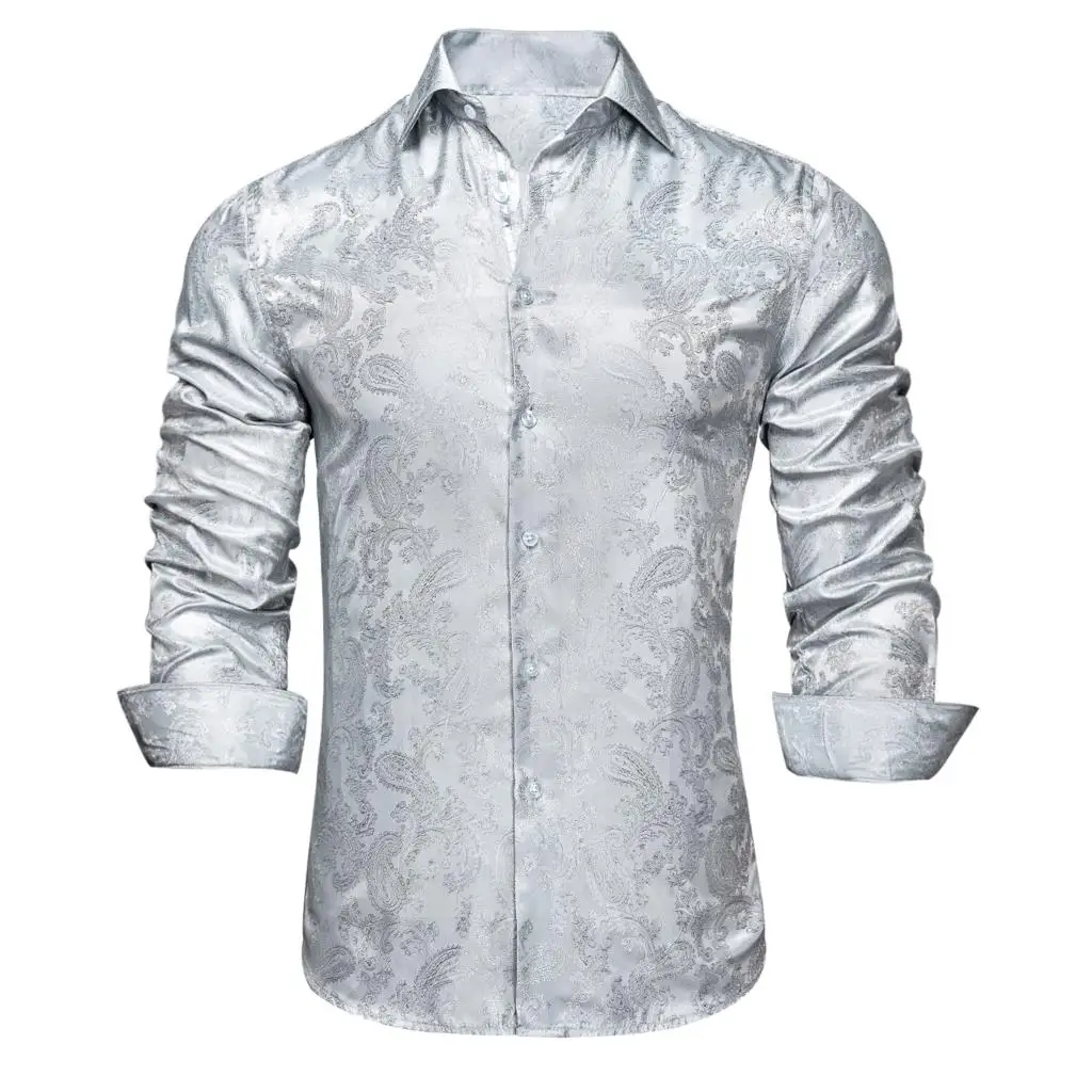 Silver Paisley Silk Men's Shirt Long Sleeve Casual Shirts For Men Jacquard Male Business Party Wedding Dress Hi-Tie Designer