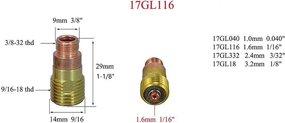 TIG Stubby-cuerpo de pinza de lente de Gas, accesorios de soldadura de antorcha TIG, 1,6mm, 17GL116, 10N23S #6, Kit de taza Pyrex para WP 17 18 26, 9 piezas