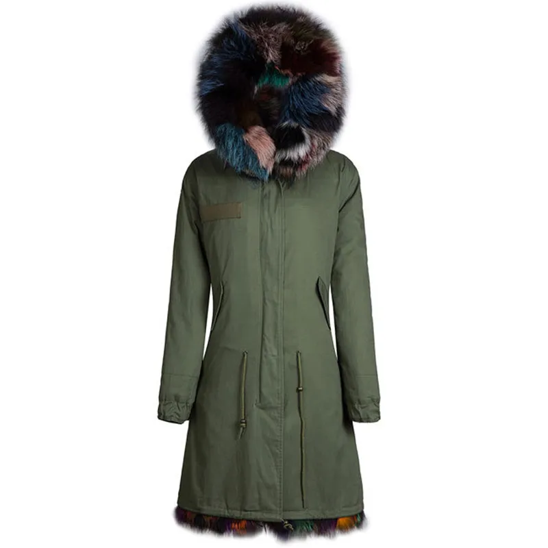 Colorful Fox Fur Parkas Long Style Fur Collar Hooded Mens Real Mulitcolor Fur Jacket Outwear Winter Wear S-4XL