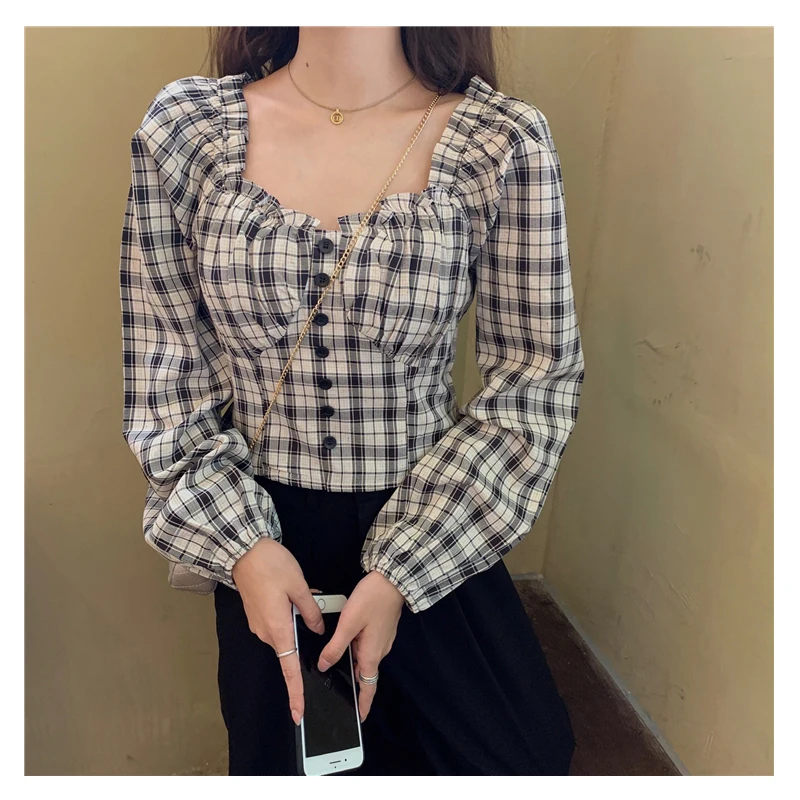 Women Long Sleeve Shirts Crop Tops Plaid Ruffles Square Collar Retro Slim Stylish Pleated Streetwear Casual Female Blouse S-5XL