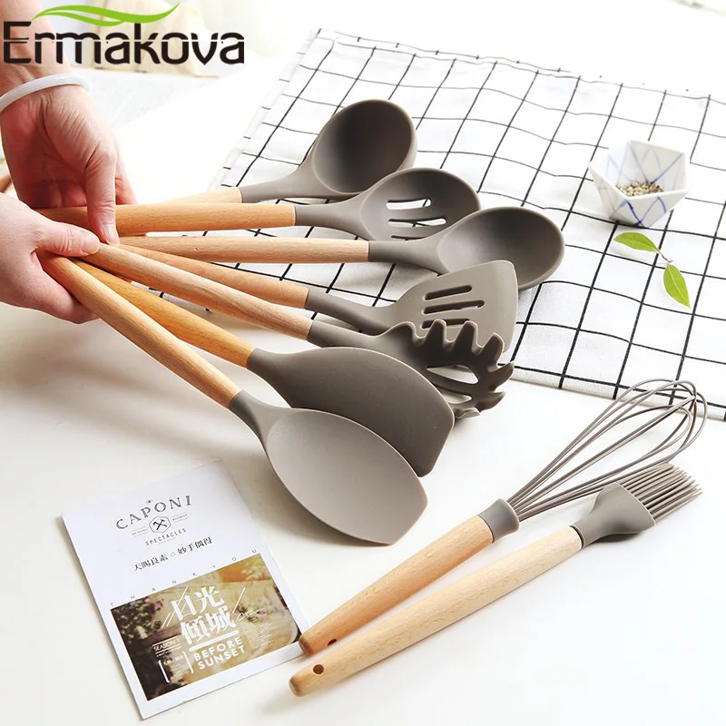 Silicone Cooking Utensils Wooden Handle Non-Stick Spatula Spoon Turner Soup Ladle Whisk Kitchen Cooking Tools Gadget