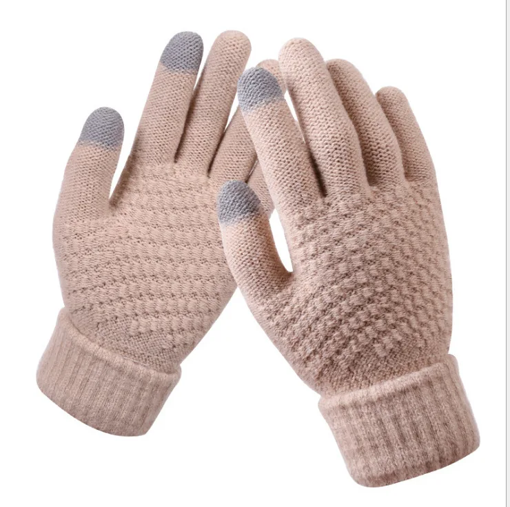 Women\'s Winter Touch Screen Gloves Thicken Warm Knitted Stretch Gloves Imitation Wool Full Finger Outdoor Skiing Gloves