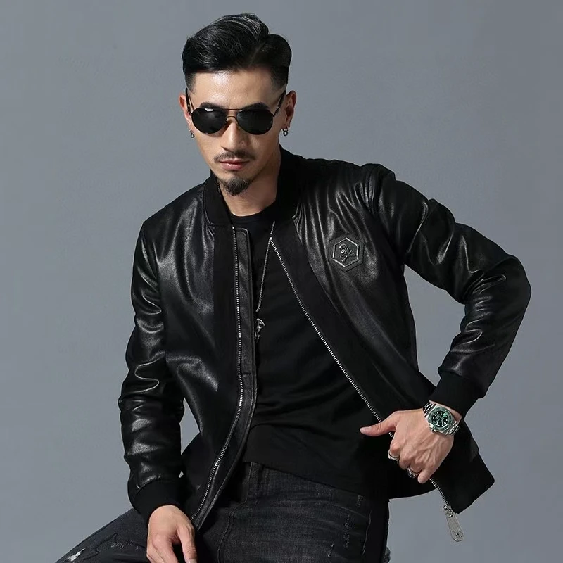 Chaquetas de PU con diamantes de imitación de calavera para hombre, abrigos de cuero de imitación para motocicleta, cuello alto, cremallera, manga