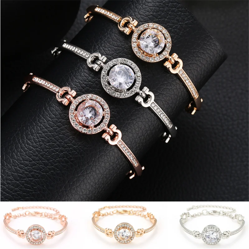 

Fashion rose Gold Silver Color Luxury Big Zircon Bangle Bracelet High Quality Rhinestone Charm Bracelet for Women Girls Gift