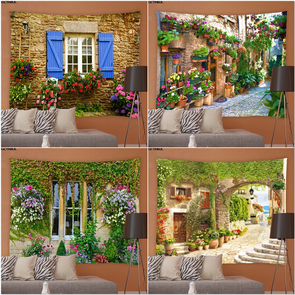 Landscape Tapestry Street Plants Flowers Scenery Living Room Bedroom Tapestries Hippie Garden Background Wall Tablecloths Decor