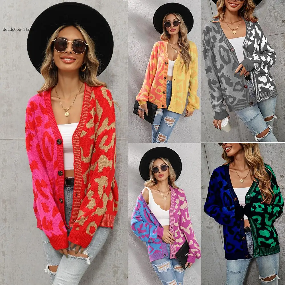 Women\'s Spring and Autumn Cardigan Sweater with Two Color Leopard Print Patchwork V-Neck Cardigan Jacket