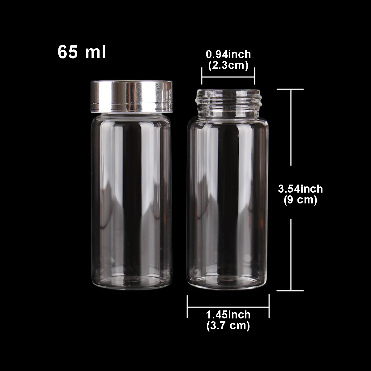 3pcs 65ml 37*90mm Glass Storage Bottles Jars with Silver Caps Perfume Bottle Pill Container Candy Bottles Refillable bottles