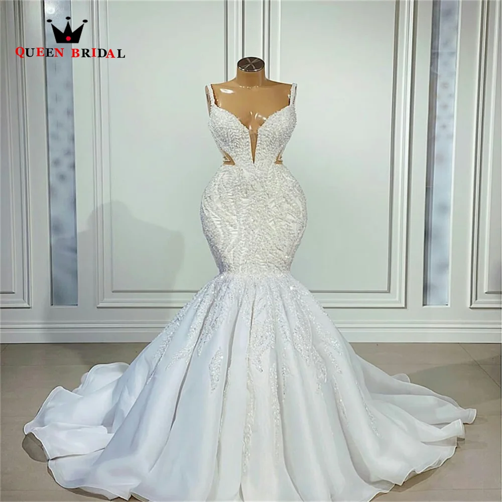 Luxury Mermaid Wedding Dresses Sexy Tulle Organza Beaded Sequins Crystal Women Bride Gowns Custom Size SK70M