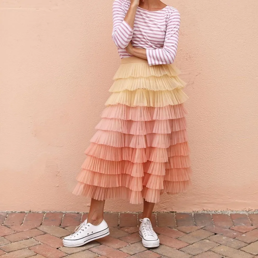 

Gradient Tulle Skirts Women Tiered Ruffles Female Adult Skirt Long Elastic Waistband Tulle Skirt