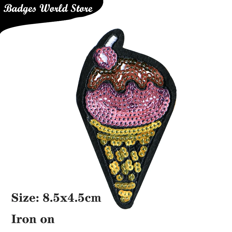 1 Pcs Cute ice cream sequin icon Embroidered Iron on Patches for Clothing DIY Stripes Clothes Patchwork Stickers  Custom Badges