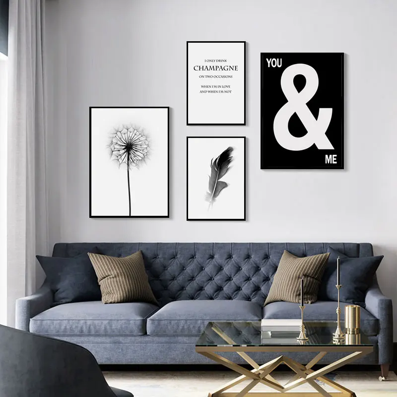 

Black and White Feather Wall Art Pictures Modern Dandelion Quotes Canvas Painting Nordic Posters for Living Room Home Decor