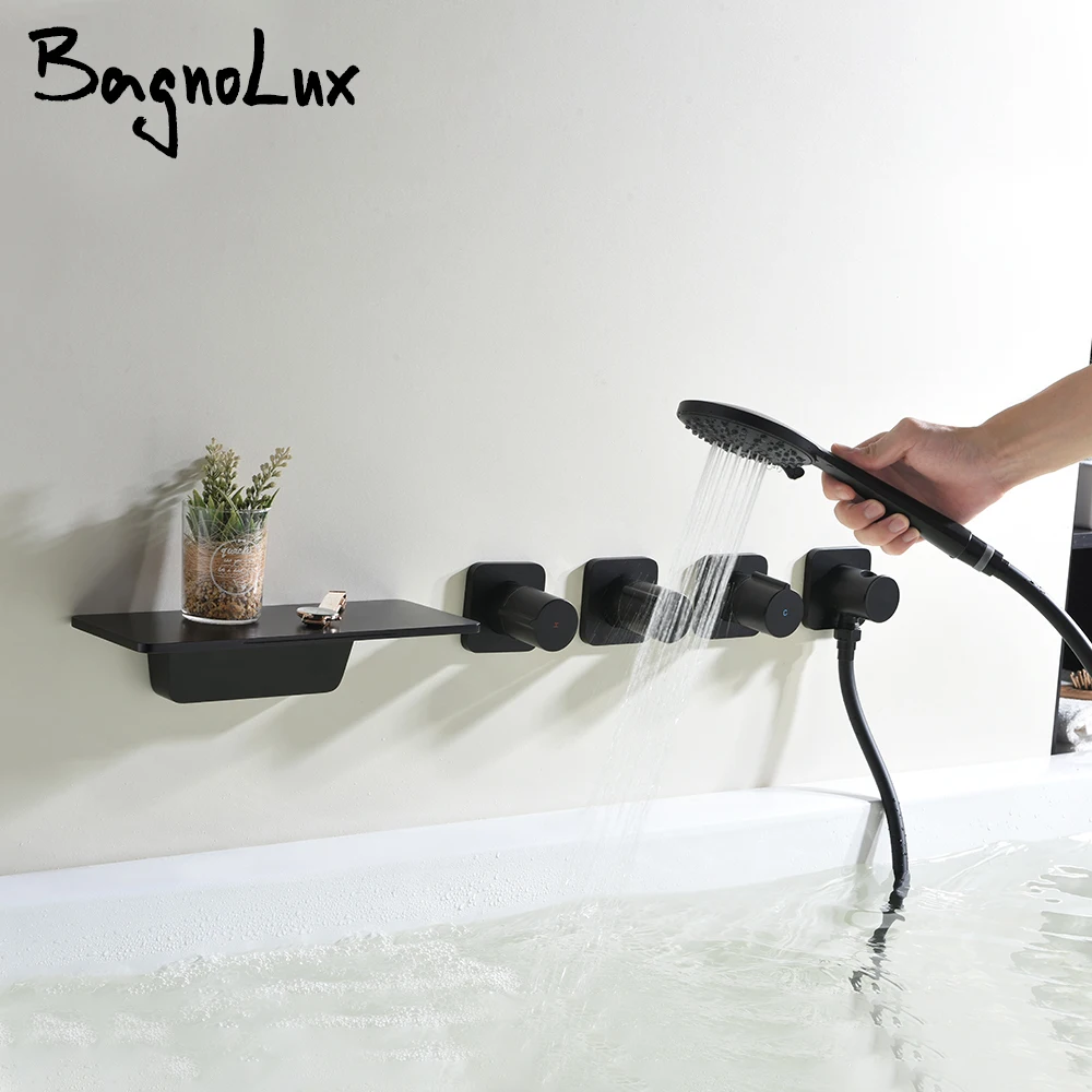 Hot And Cold Bathtub Faucet Waterfall Mixer Tap Bagnolux Black Brass Spout With Hand Shower Head Unique Design Three-Switch