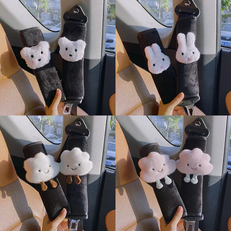 2 Pack Cute Cartoon Cloud Rabbit Bear Car Seat Belt Cover Comfort Winter Soft Plush Universal Shoulder Strap Harness Padding