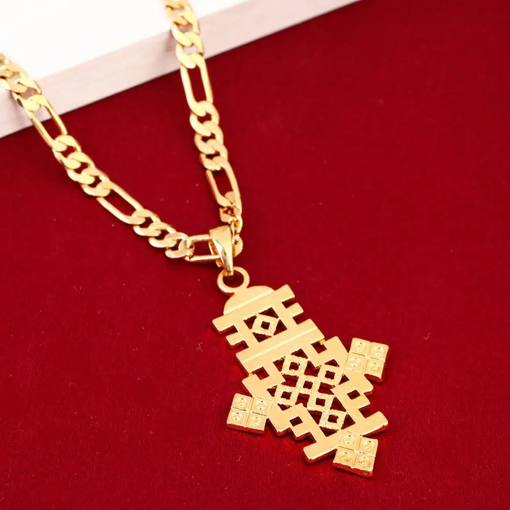 Ethiopian Gold Color Cross Pendant Necklace Coptic Cross  African Wedding Jewelry