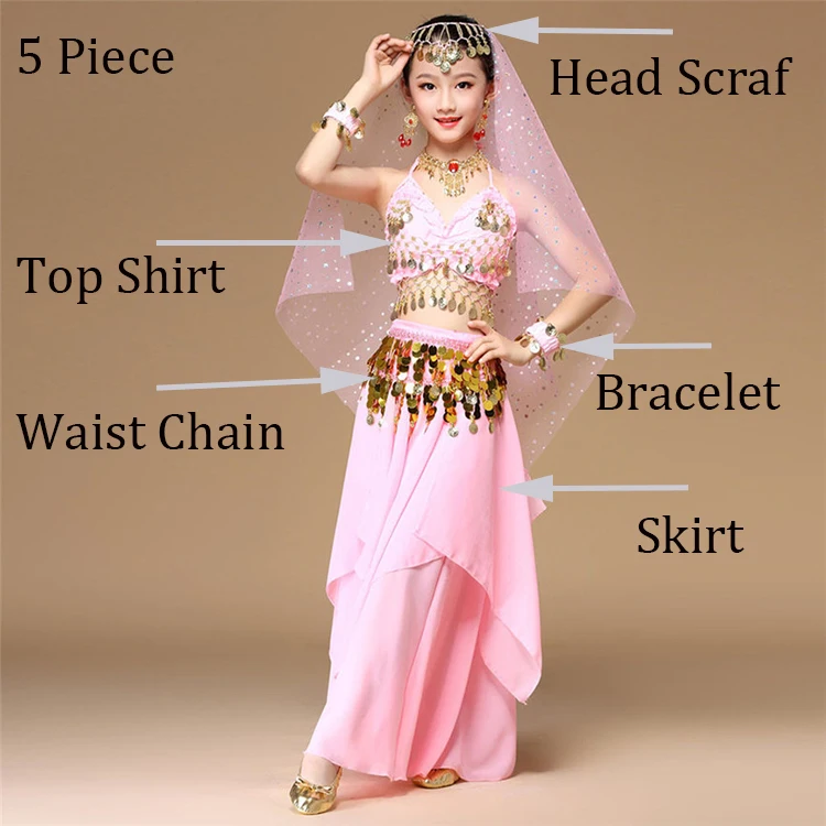 Fato de dança do ventre para crianças, estilo rosa, roupas de dançarino oriental, trajes de dança indiana 5 peças por conjunto