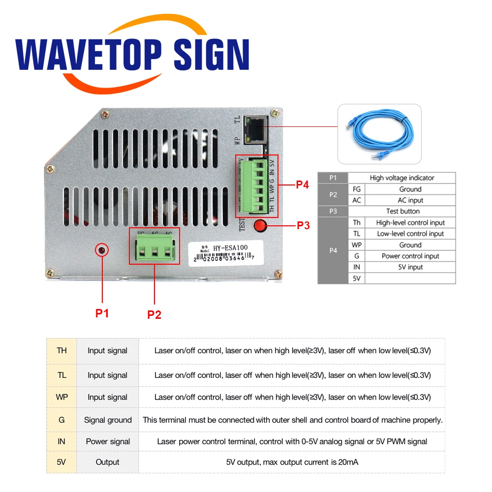 WaveTopSign 100W HY-Es100A CO2 Laser Nguồn Điện Cung Cấp Cho CO2 Khắc Laser Cắt Es Series