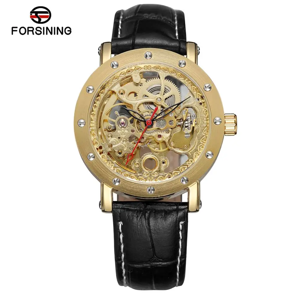 FORSINING Mechanical Watch Circular hollowed-out nail scale Mechanical watch Gold black belt wrist watch