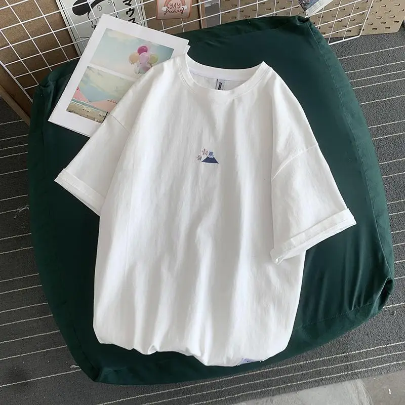 Short Sleeve T-shirts Women Sweet Cotton Casual High Street Preppy Style Embroidery Print O-neck Baggy Graphic Tshirts Femme Ins