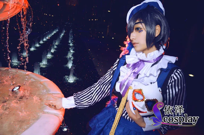 Ciel Phantomhive Ciel Cosplay Set Circus Costume Blue Overall Black 5 in1 shirt+waistcoat+shorts+hat+tie