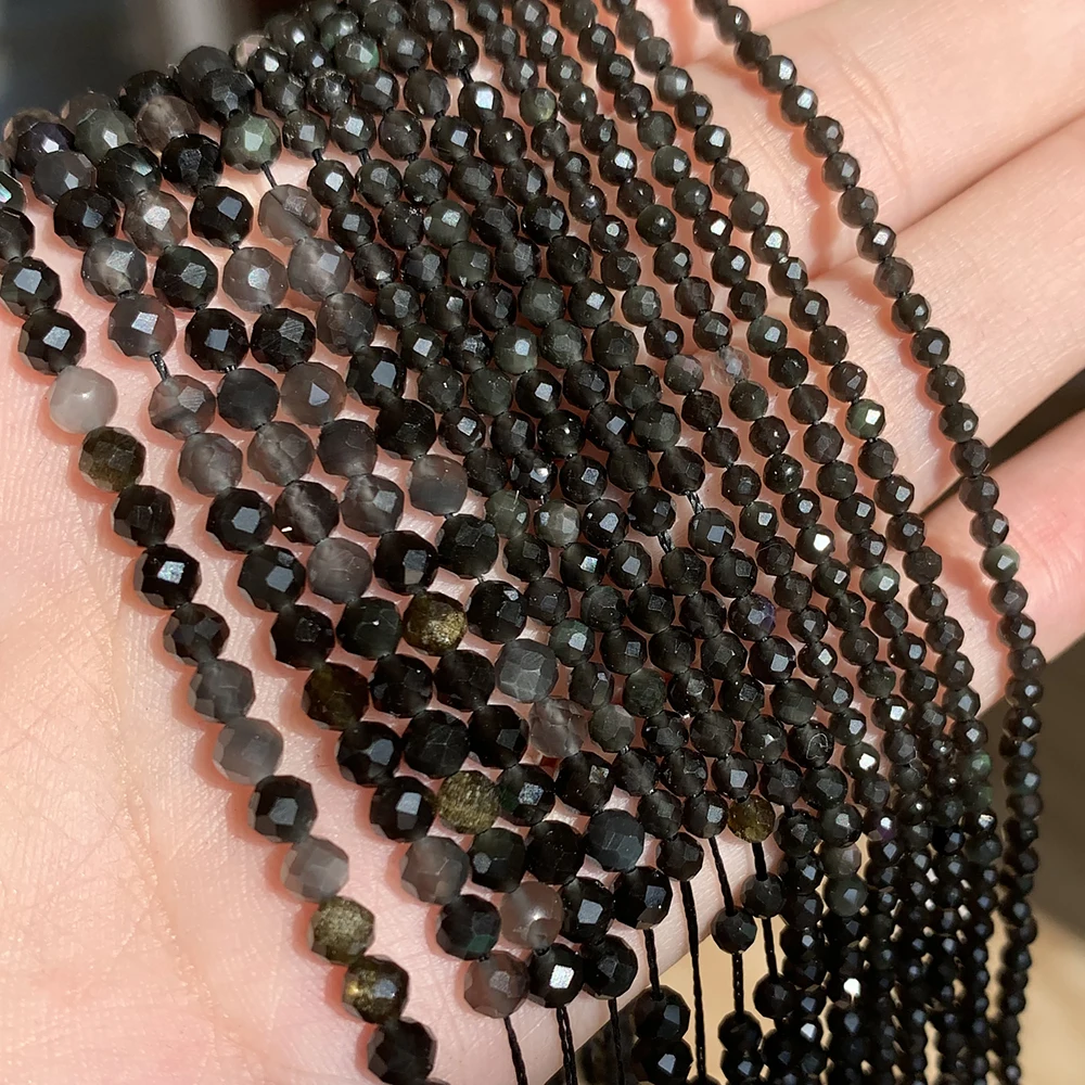 Natural Stone Black Obsidian Faceted Loose Round Mineral Tiny Beads for Jewelry Making DIY Bracelet 15inch 2/3/4mm