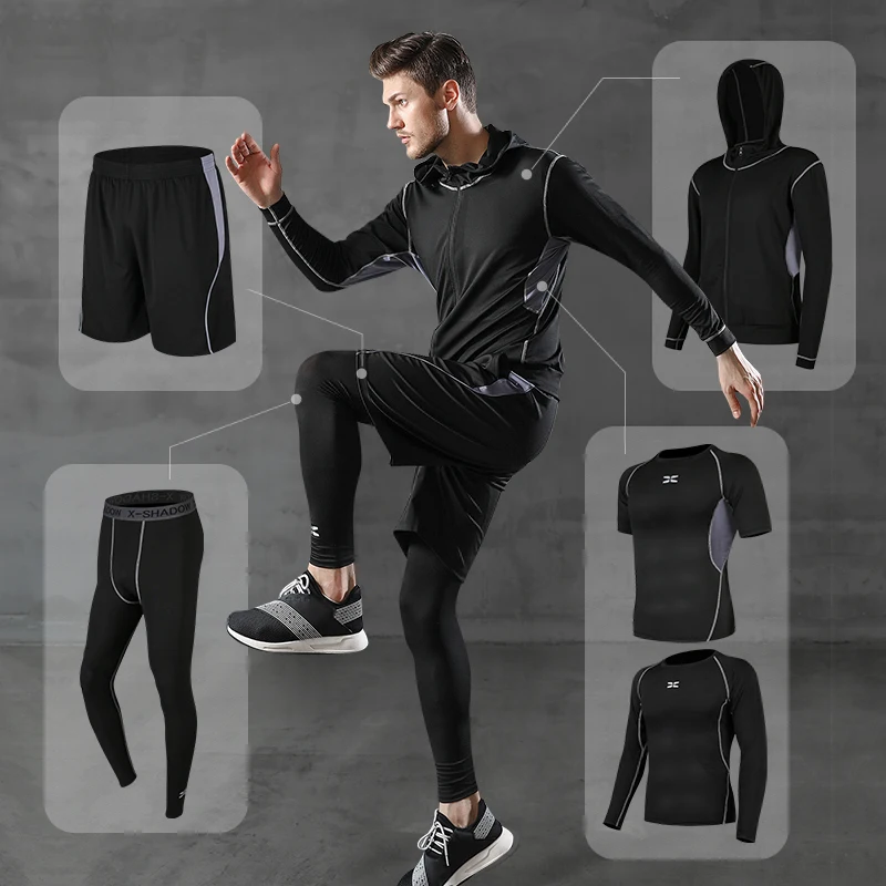 

Worth While 5 Pcs/Set Men's Tracksuit Compression Sports Wear for Men Gym Fitness Exercise Workout Tights Running Jogging Suits