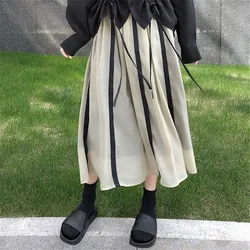 Harajuku Black Webbing Double Layer Long Skirts Women Korean Fashion Pleated Skirt Vintage Design Autumn 2021 School Midi Skirt