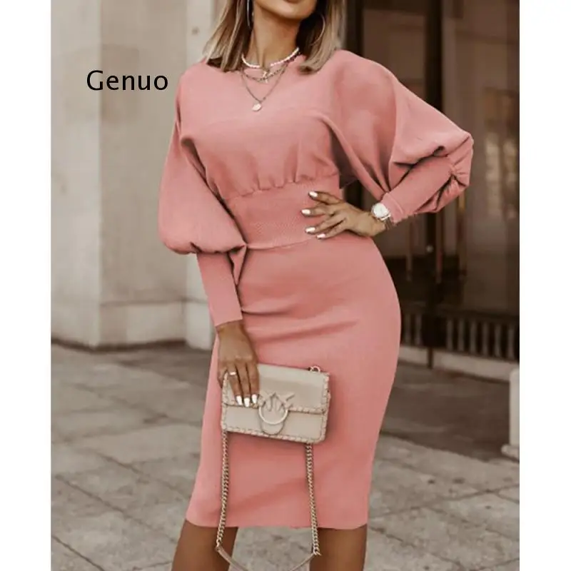 2021 Fall Women Vintage Dress Elegant Women Solid Color Bodycon Slim Party Dress V Neck Lantern Sleeve Ribbing Winter Midi Dress