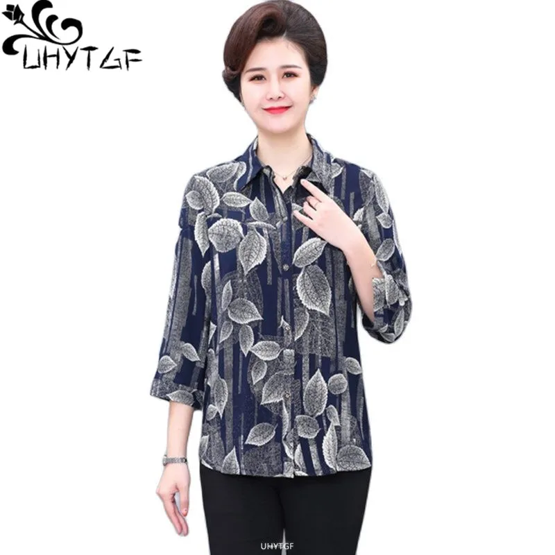 

UHYTGF Sweet Mom Summer Shirt Vintage Printed Cotton Silk Comfortable Loose Size Blouse Women Casual Short Tops Thin Clothes1476