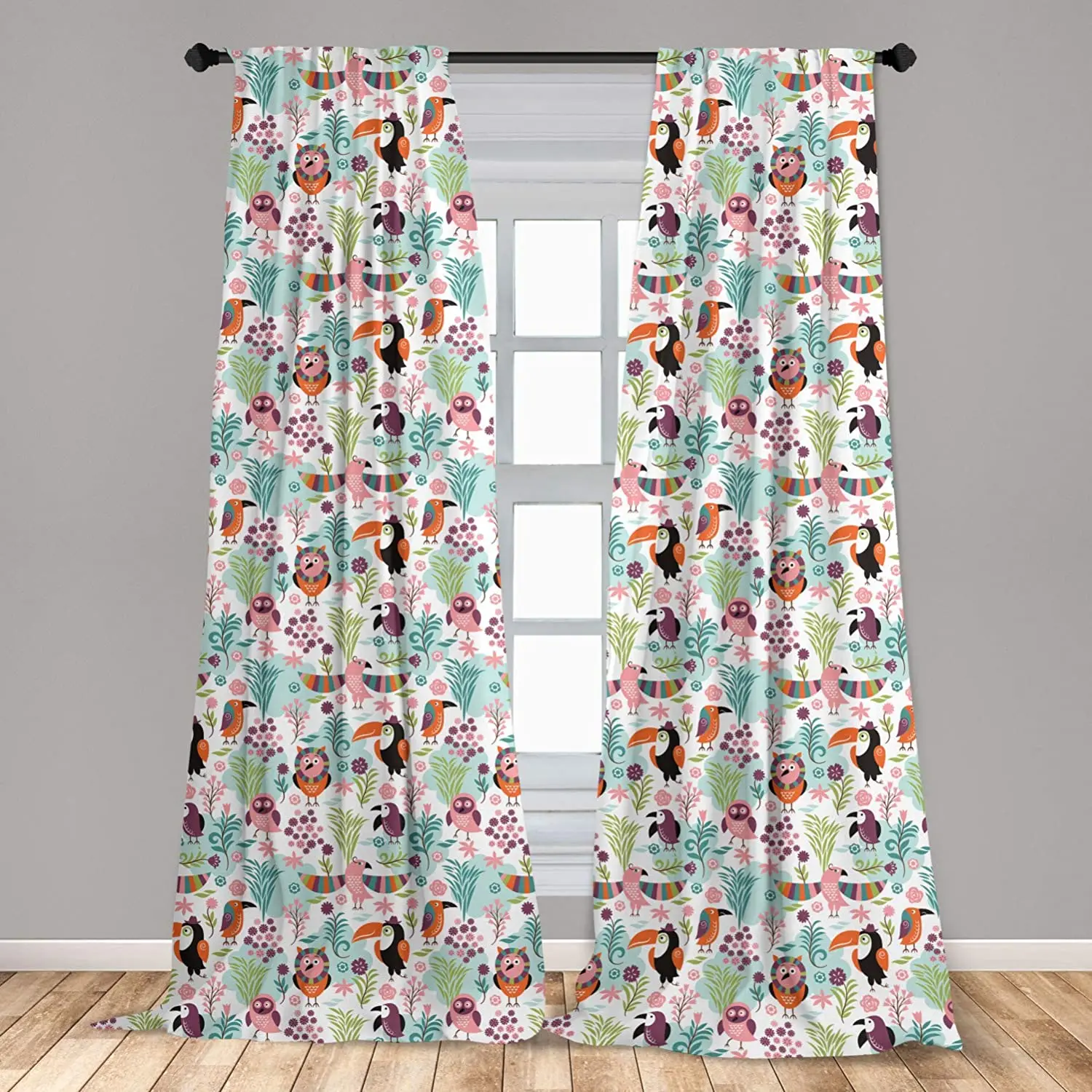 Tropical Curtain for Kids Rooms Exotic Birds Cartoon Style Toucan Owls and Parrots Hawaii Flora and Fauna Window Drapes