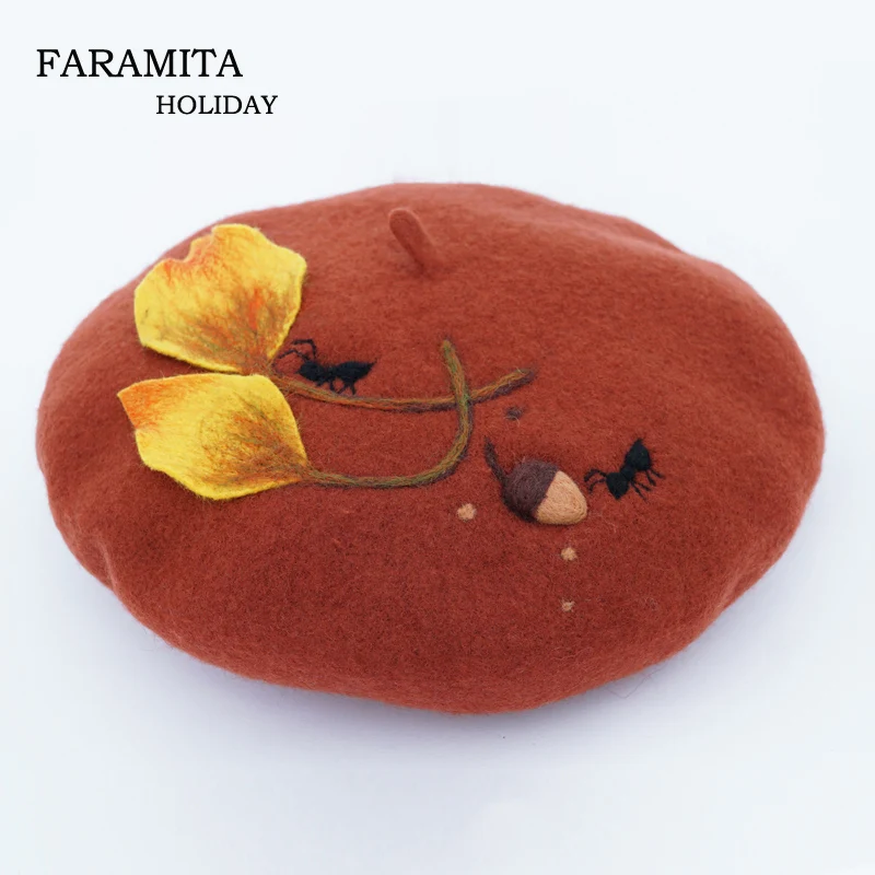 Faramita Holiday Little Ants Move Women 3D Leaves Berets Manual 100% Wool Womens Beret Spring Kids Child Hats Painter Caps