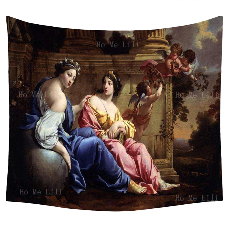 The Muses Of Urania And Calliope Nymph Playing Flute With Putti Myth Classical Theme Greek Wall Art Tapestry By Ho Me Lily