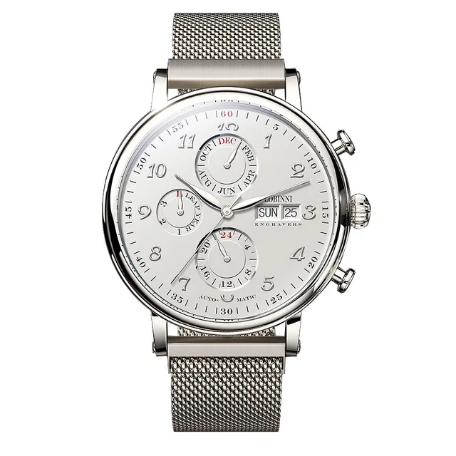 LOBINNI Mesh Steel Band Herren automatische mechanische Uhr Saphirglas wasserdichte Uhren Datum Woche Multifunktions-Armbanduhr 7