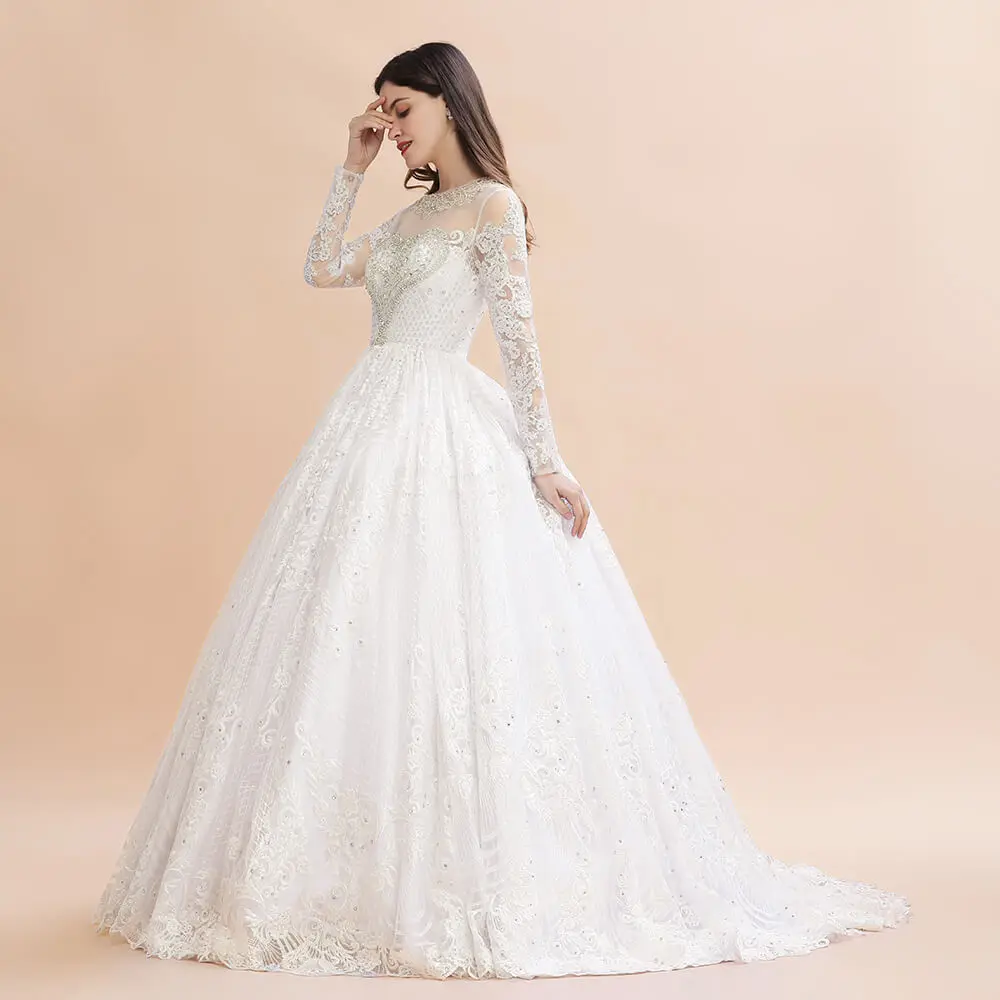 Romantic Heart Shape Beads Ball Gown Wedding Dresses 2020 Sexy Illusion Back Long Sleeve Wedding Bridal Gowns Robe De Mariee