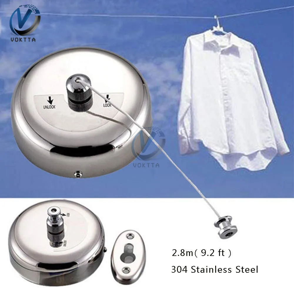 304 Stainless Steel Wall Hanging Clothesline Retractable Clothes Hanger Indoor Outdoor Hotel Hanger with Adjustable Rope String