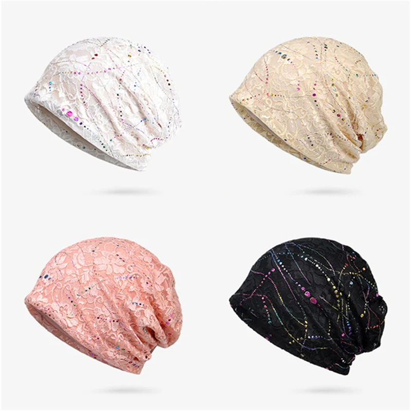 Lace Turban Cap Muslim female Turban Cap double-layer hollow out breathable sunscreen fashion Turban Cap hair loss cancer chemot