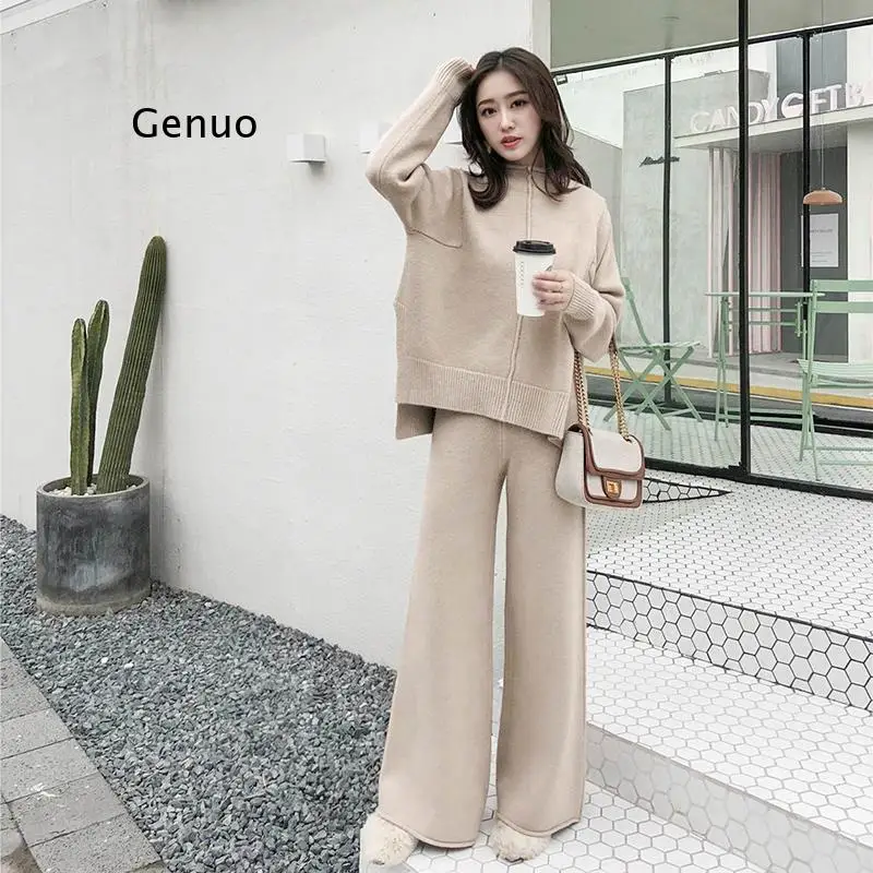 Autumn knitting wide-legged pants suit two-piece women new winter cashmere sweater wide-legged pants western style suits