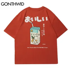 GONTHWID T-Shirt Streetwear Harajuku Japanese Milk Print Tees Shirts Hip Hop Fashion Cotton Summer Casual Loose Tshirts Tops