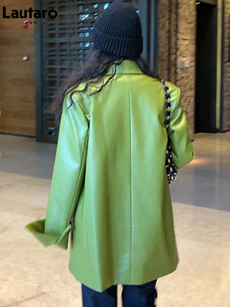 Lautaro Autumn Avocado Green Oversized PU Leather Blazer Long Sleeve Lapel Single Breasted Loose Korean Fashion 2021 Y2K Jacket