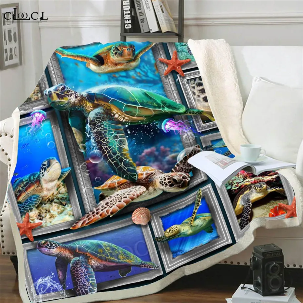 

HX Turtle Blankets 3D Graphic Marine Lives Photo frame Splicing Double Layer Blanket Fashion Funny Plush Quilts