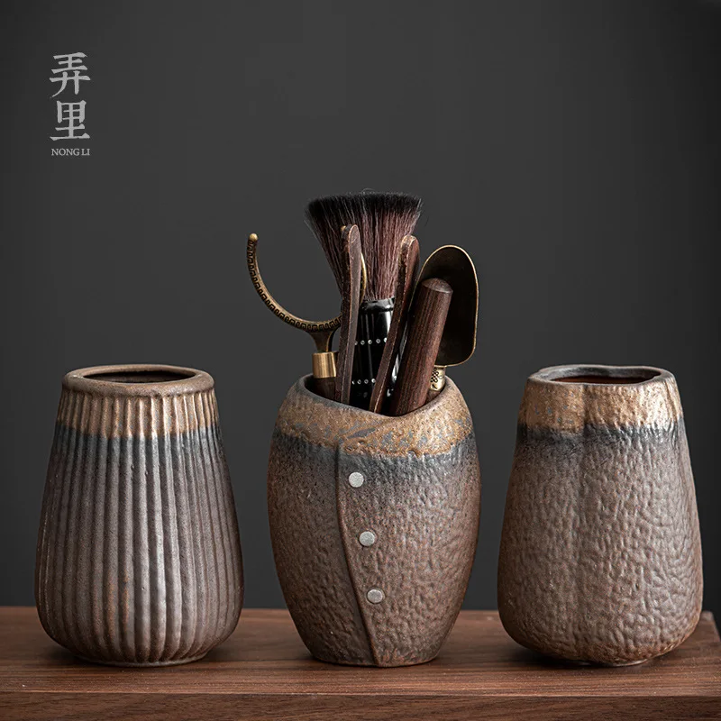 Gilding Stoneware Six Gentlemen Antique Tea Ceremony Utensils Blackwood Pot Maintenance Pen Vintage Storage Container 6 Pieces