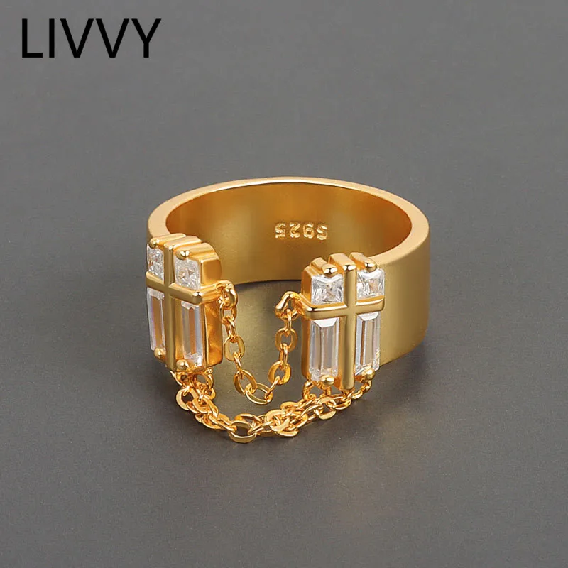 LIVVY New Arrival Personality Design Simple Zircon Tassel Chain Wide Ring  for Women Fashion Temperament Jewelry Adjustable